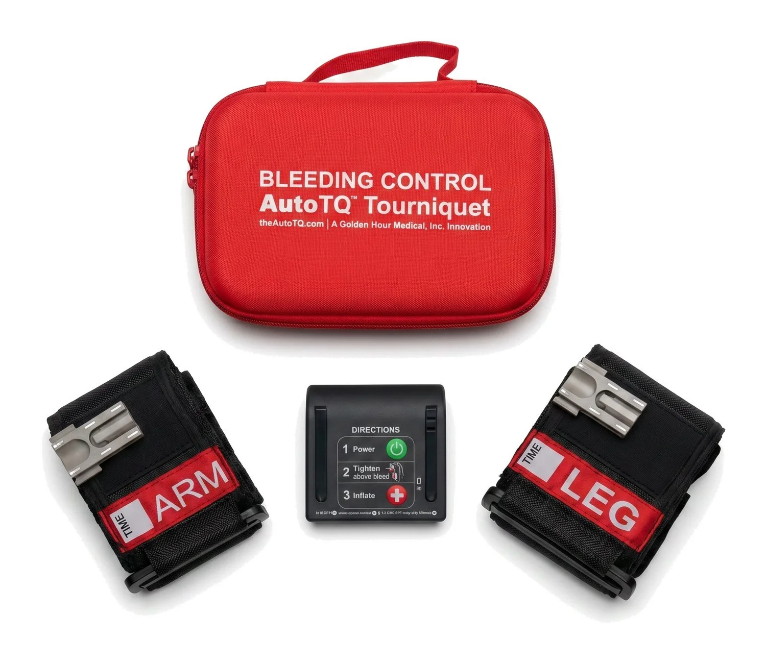 AutoTQ Bleeding Control kit: red case, controller, and ARM and LEG cuffs