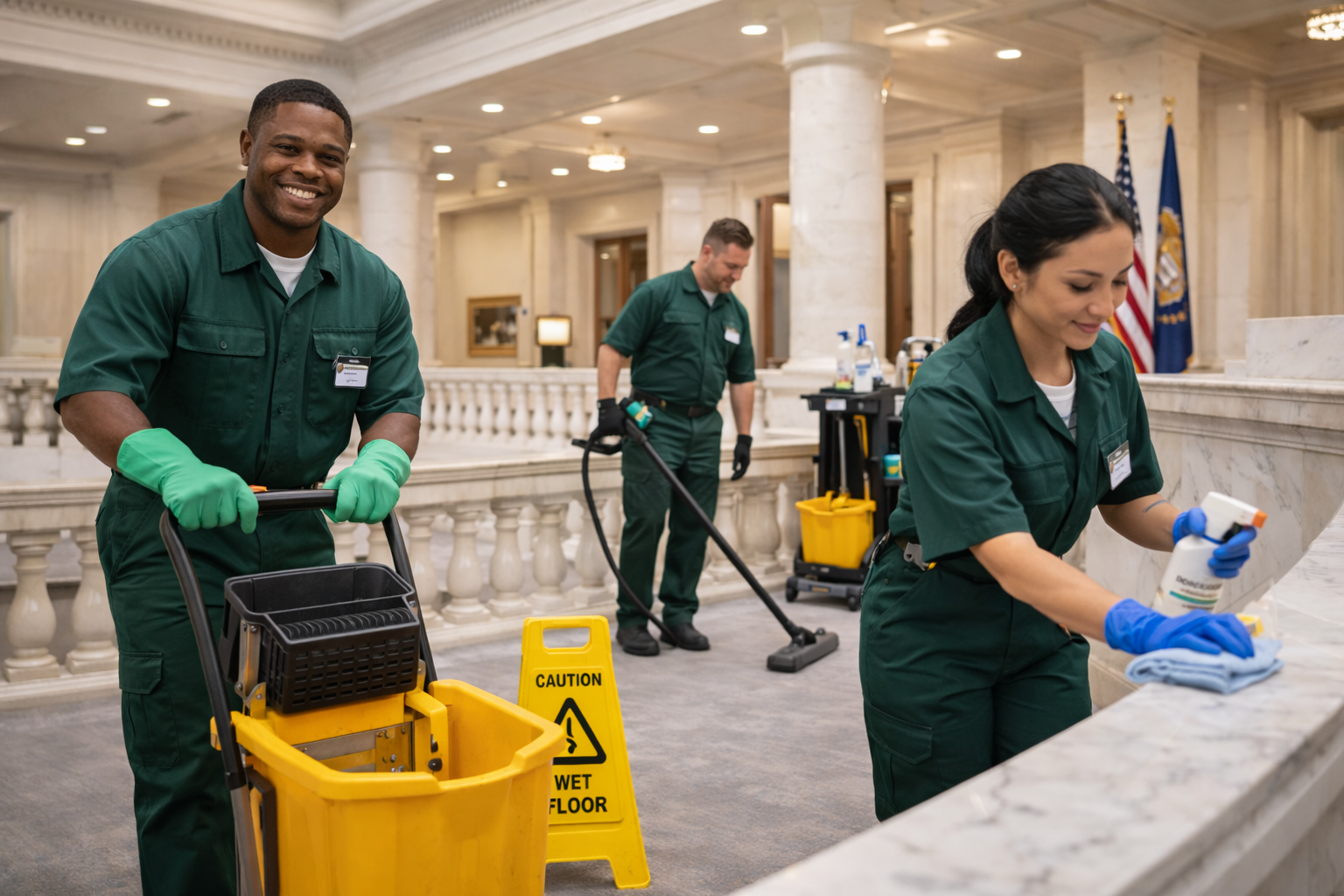 Janitorial services team cleaning commercial facility