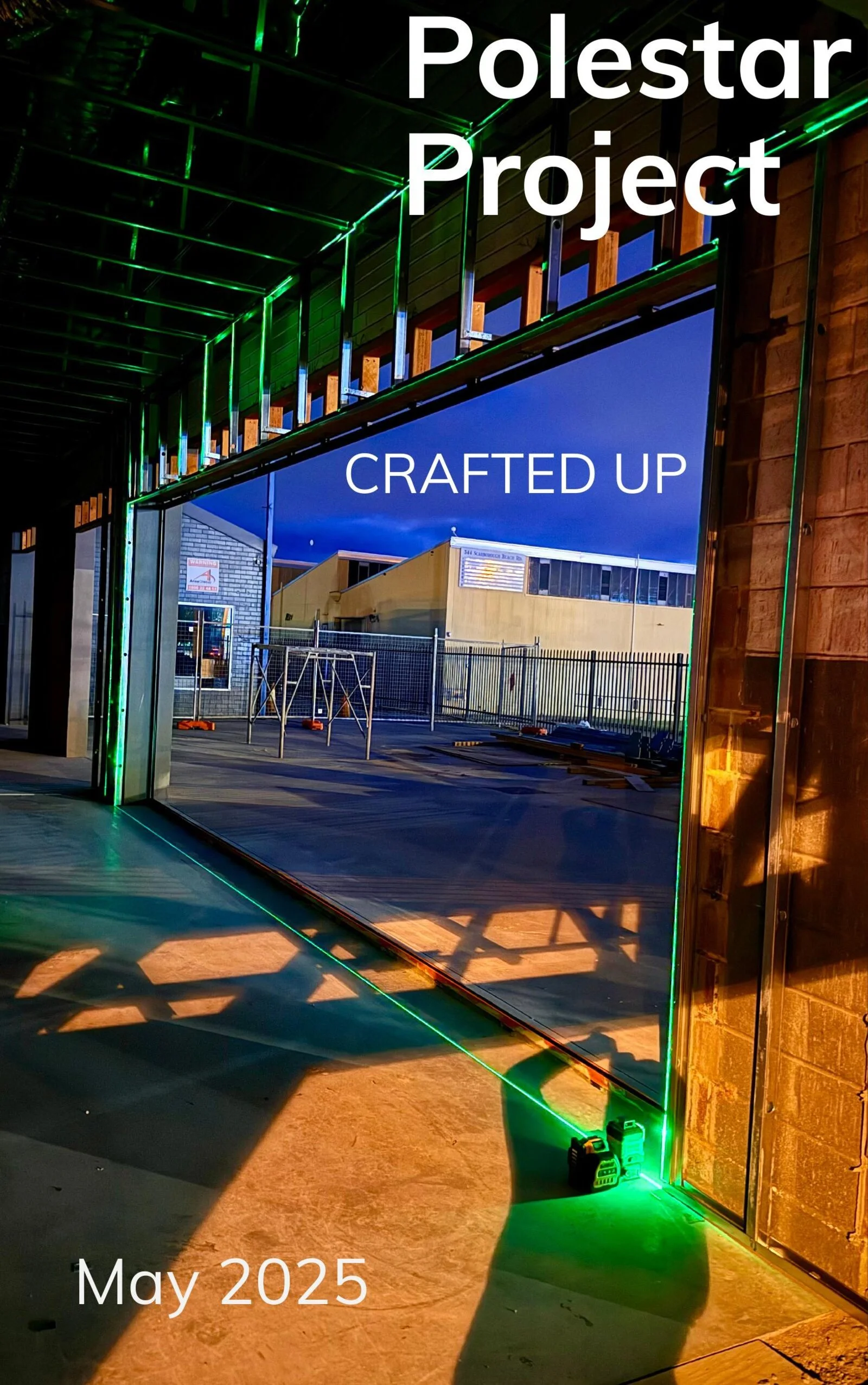 Polestar showroom interior at dusk with green LED lighting and steel framing