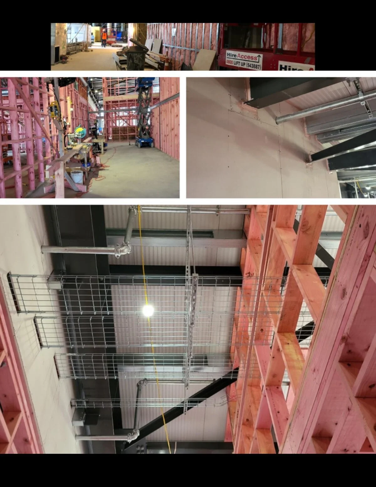 Active work site with framing, insulation, and lined walls