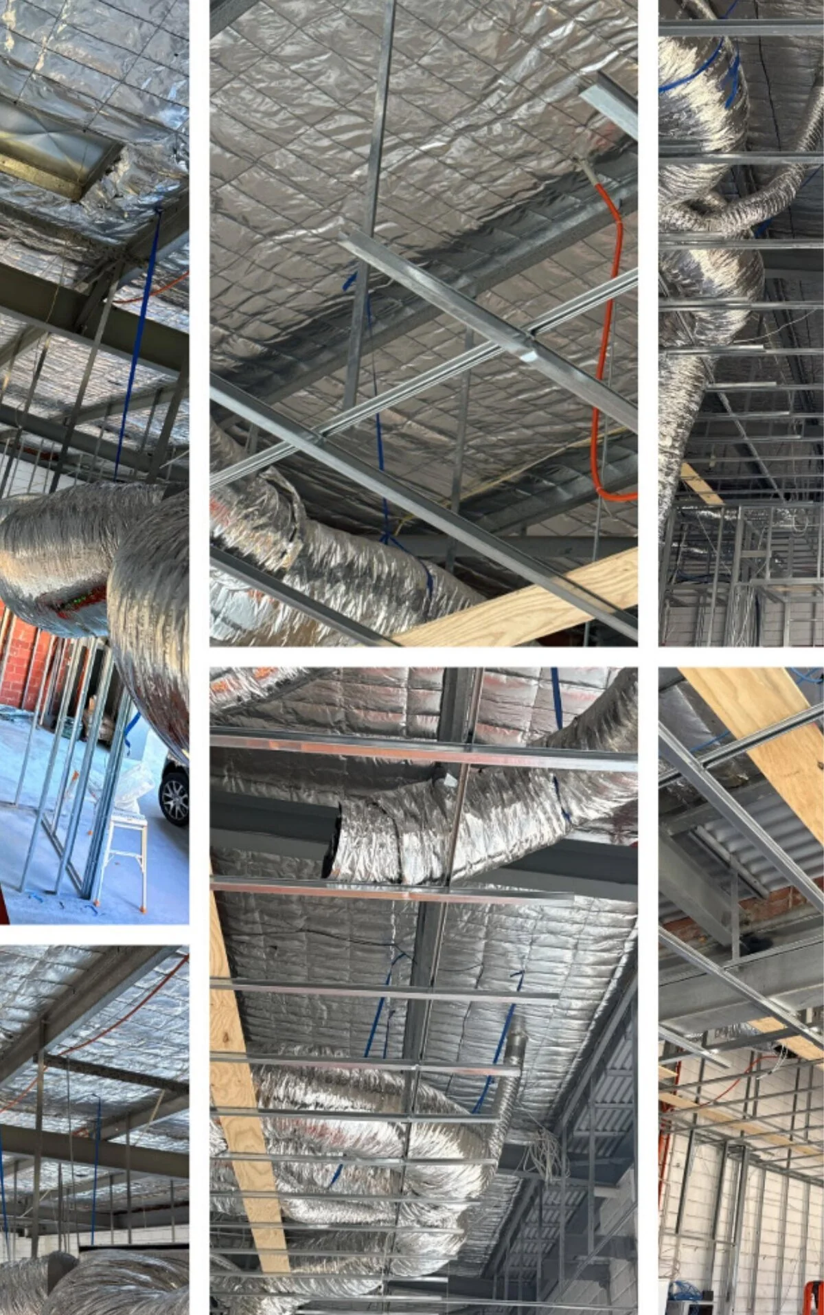 Suspended ceiling grid installation with ductwork and insulation