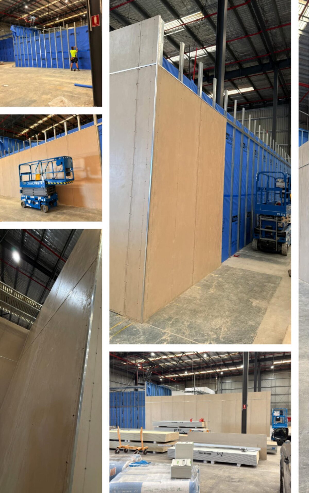 Steel stud framing with blue sarking, CFC wall panels, and scissor lift installation