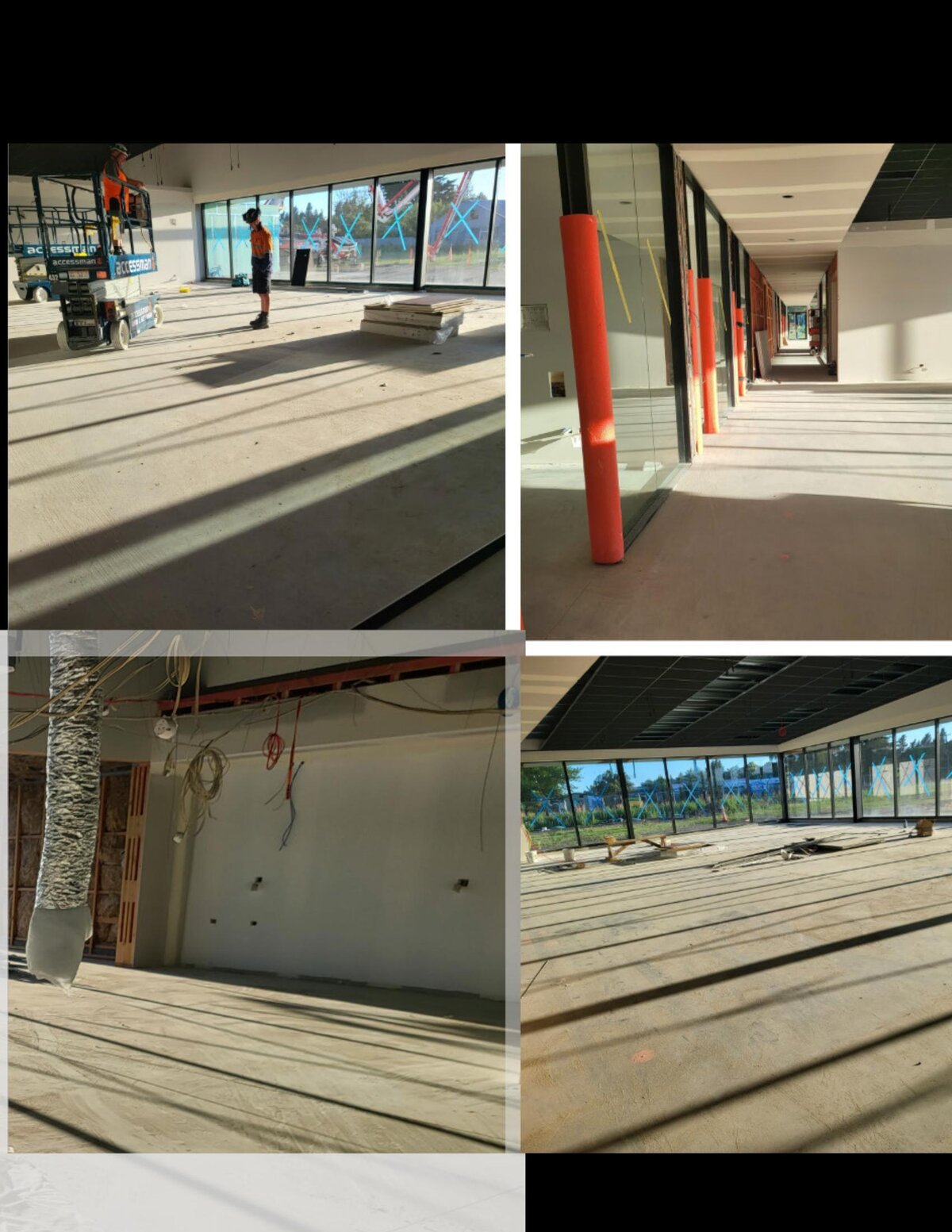 Plasterboard lining, corridors, and showroom spaces with glazing