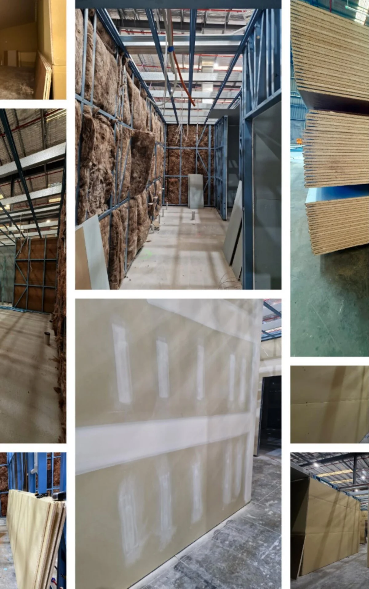 Insulation batts in steel framing, plasterboard lining, and flushed joints