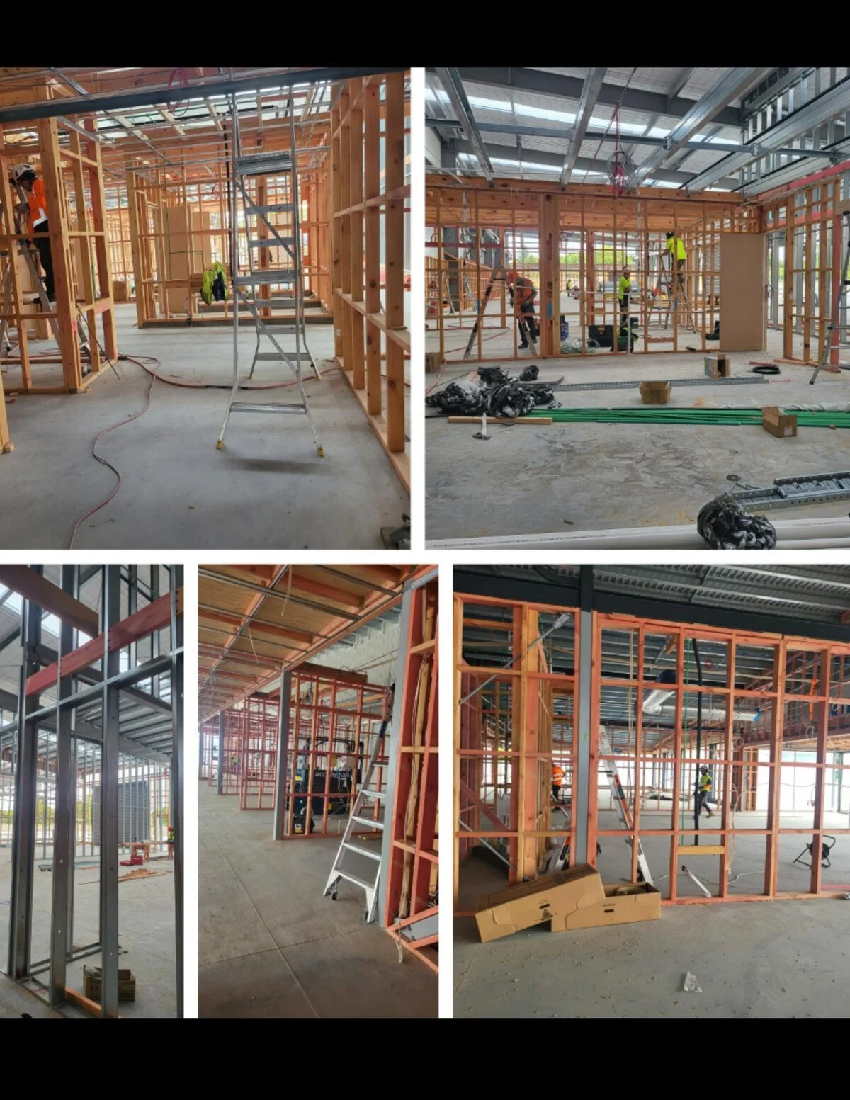 Timber and steel framing during base build with crew on site