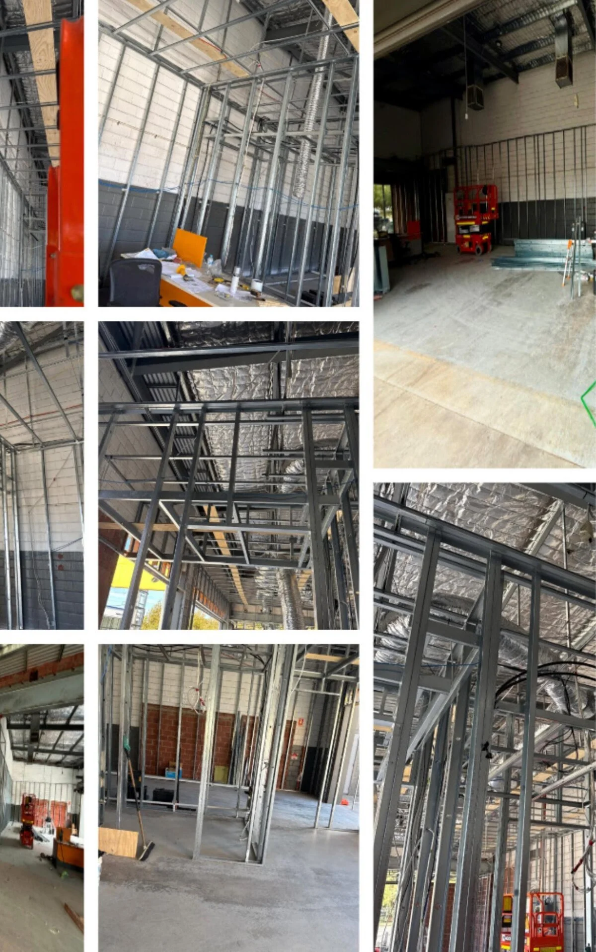 Steel stud partition framing throughout the showroom space