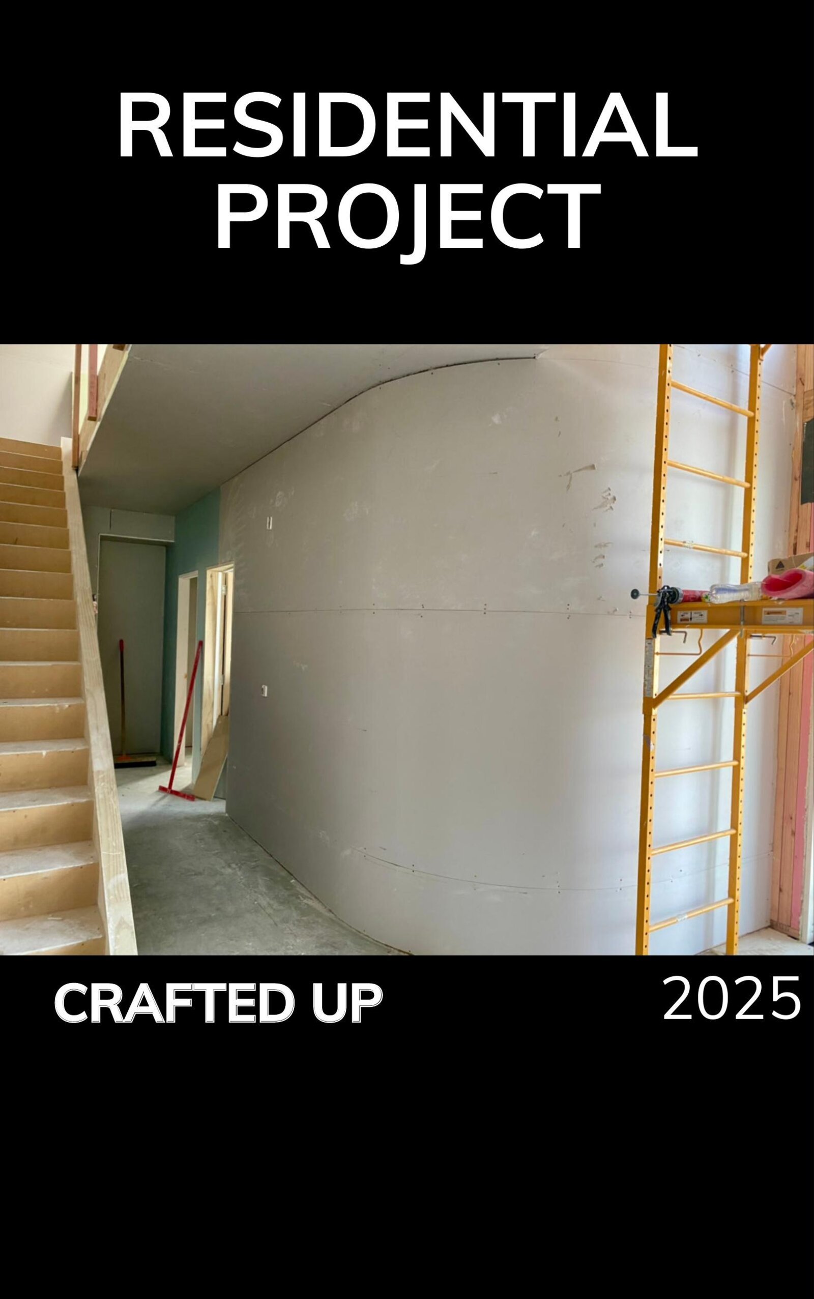 Curved plasterboard wall installation in residential build with scaffolding