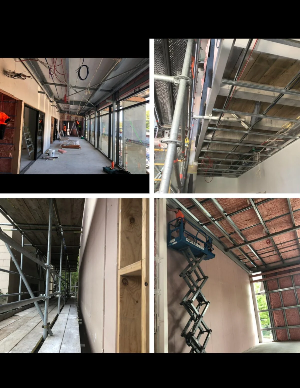 Ceiling grid installation with scaffolding and scissor lift access