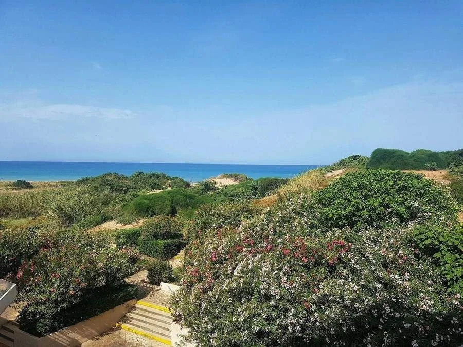 Lauriers-roses roses et blancs et escalier dallé dans les jardins de l’ancien Club Med Kamarina, en Sicile (Italie), avec les dunes qui descendent vers la mer