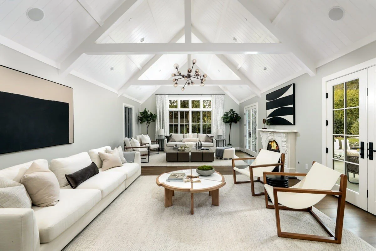 Vaulted living room with exposed beams