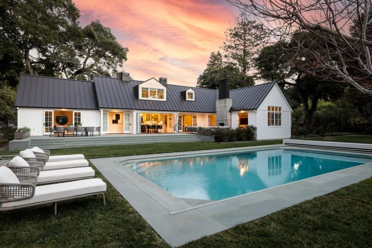 Poolside architecture at dusk