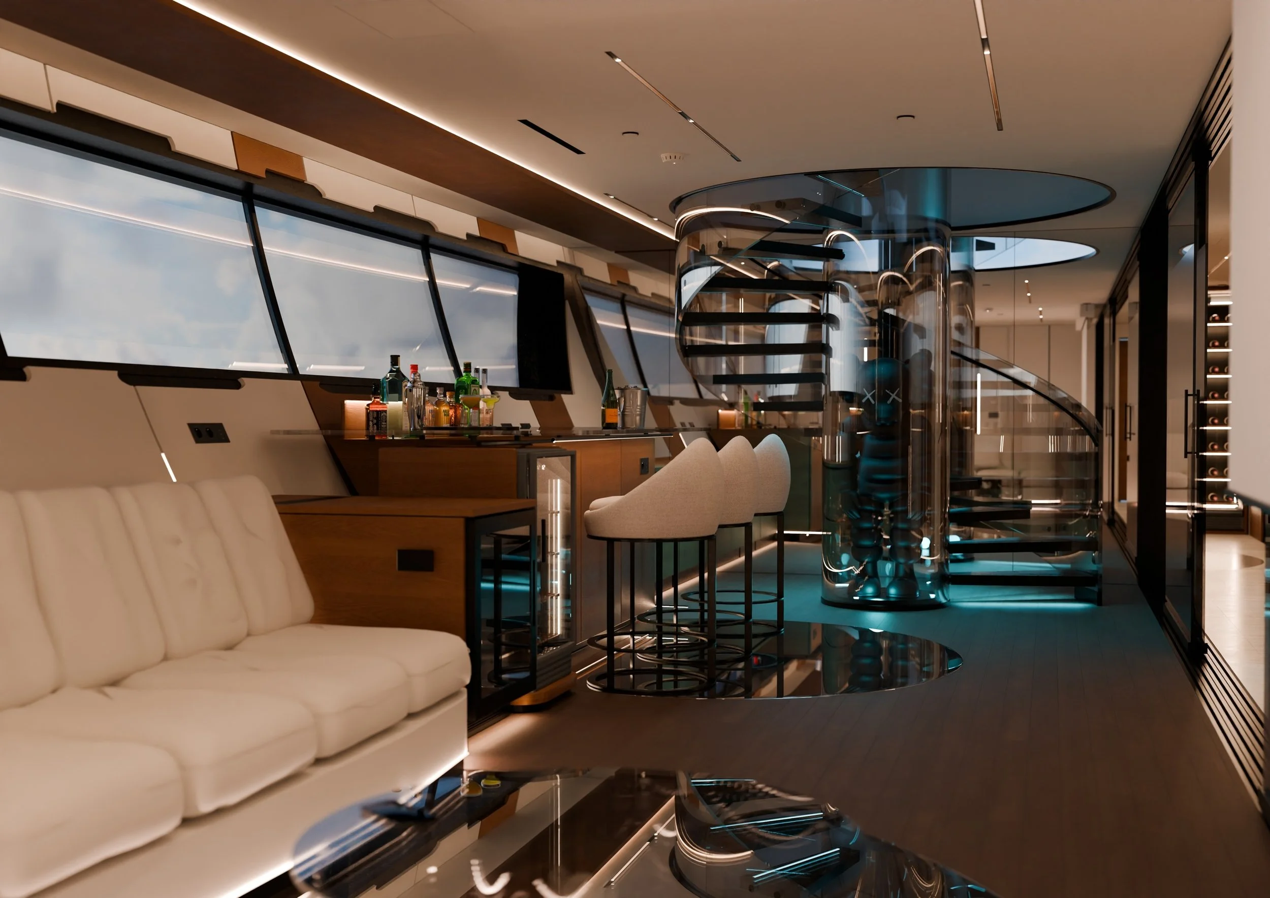 Lumières chaudes et cyan dans l’intérieur du yacht OXI 45