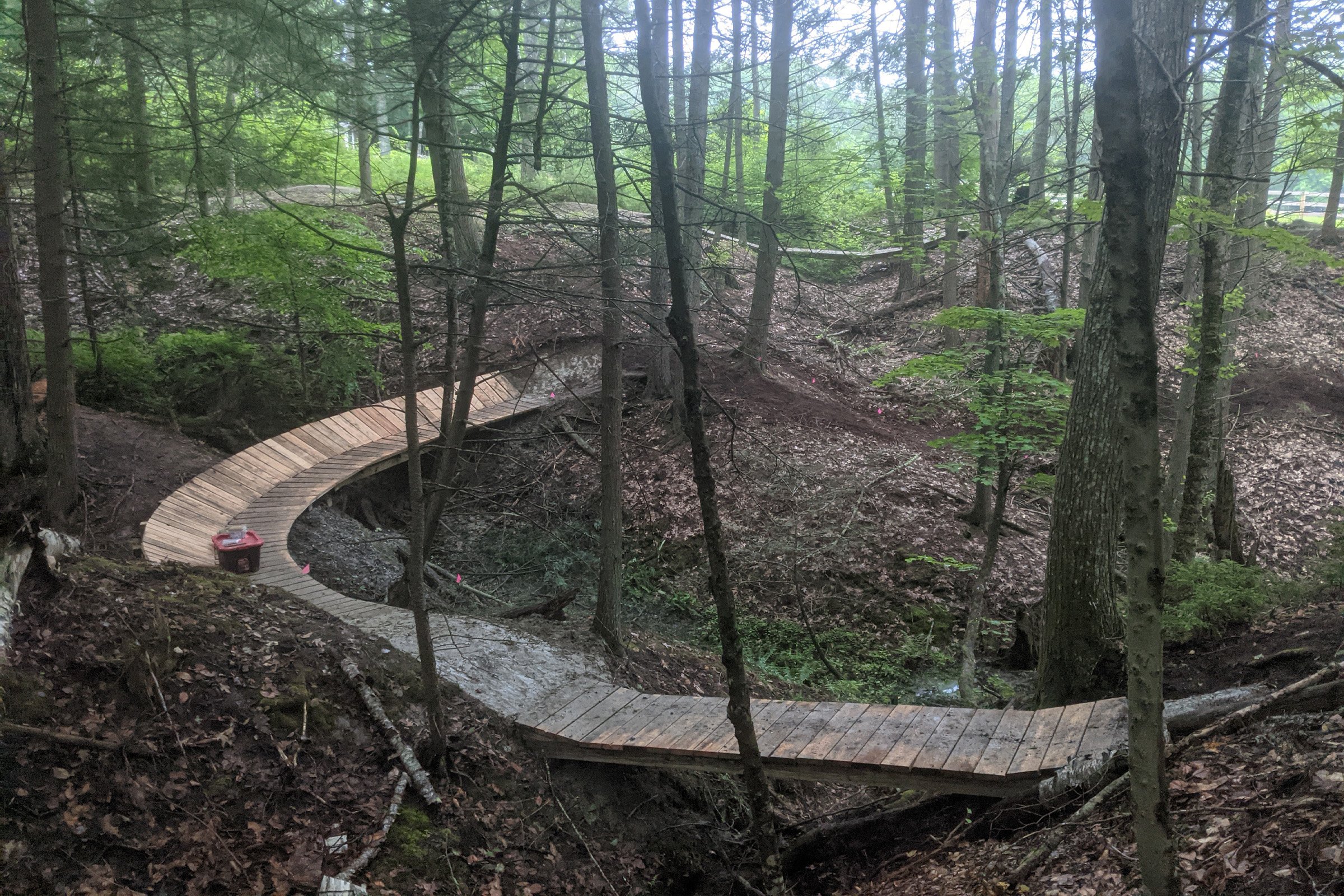 a wooden berm on a mountain bike trail