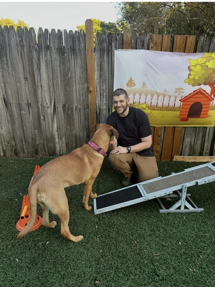 Jeremy Lynn working with Guinevere on agility and engagement at Tampa Bay Canine Retreat