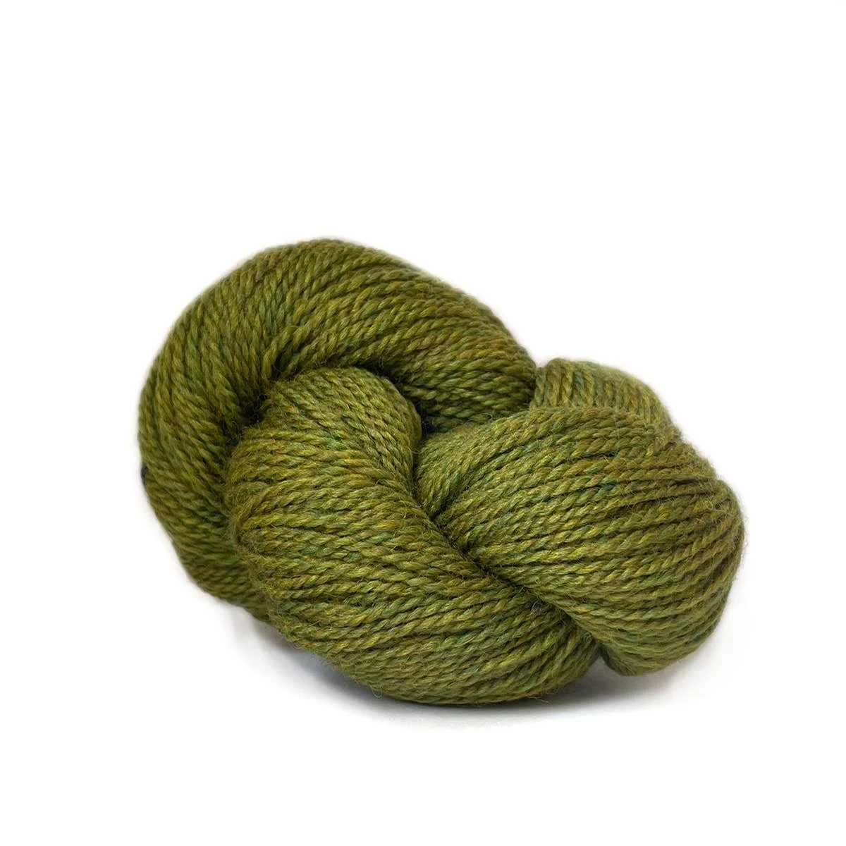 Olive heathered fingering-weight wool hank with a tight 2-ply twist for crisp stitches.