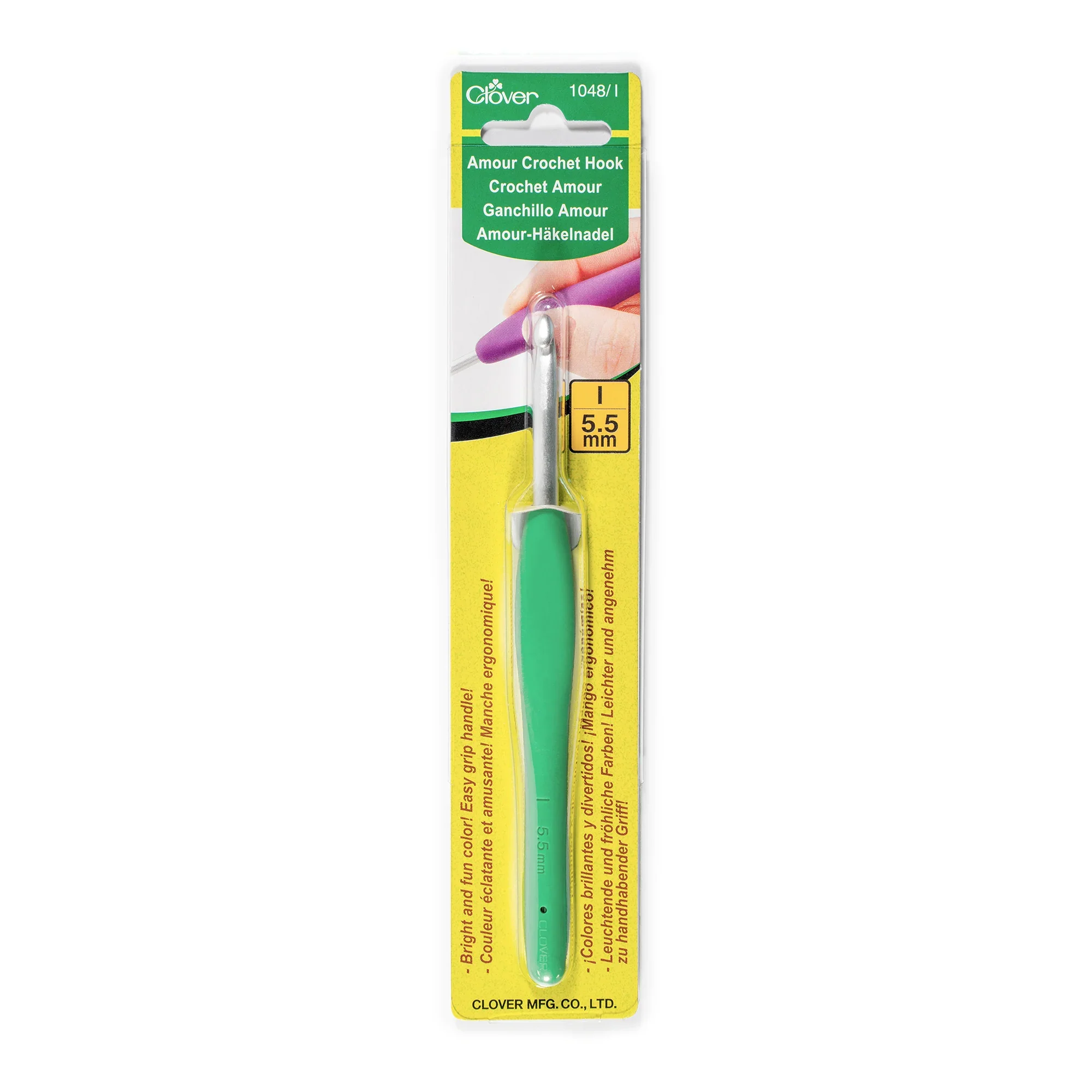 Clover Amour crochet hook with green ergonomic handle, size 5.5 mm, stocked at AriYARN Shop & Studio Park Ridge