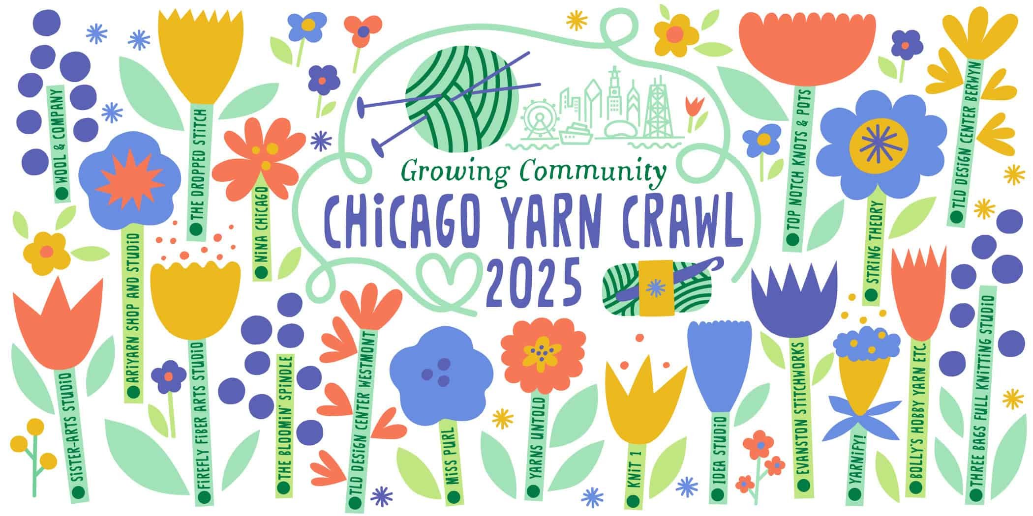 Chicago Yarn Crawl 2025 event banner listing all participating shops