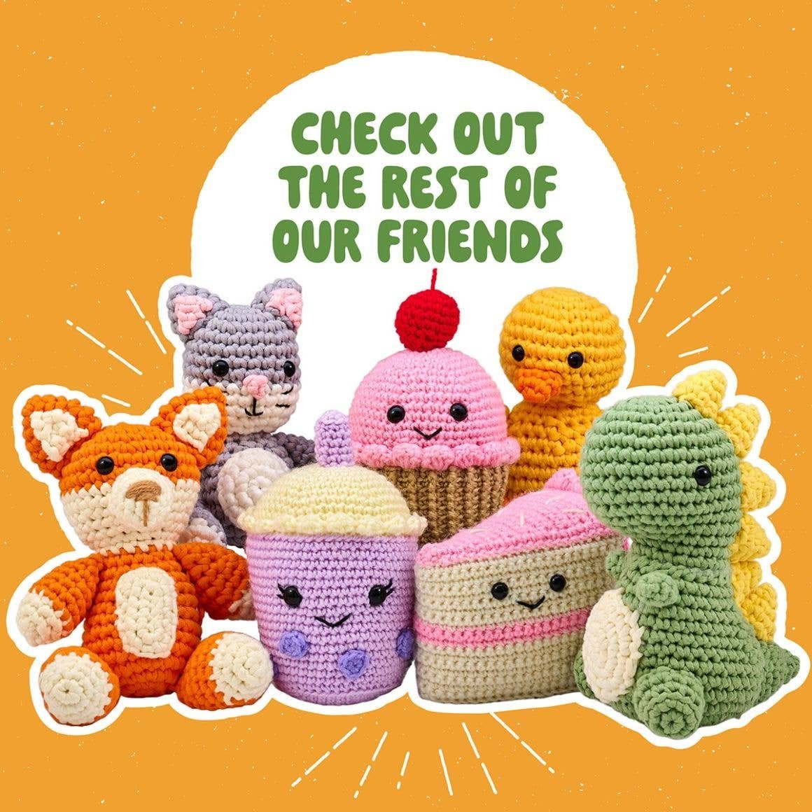 Bucilla Amigurumi Crochet Kit Friends Collection featuring a fox, cat, cupcake, and dinosaur available at AriYARN Park Ridge