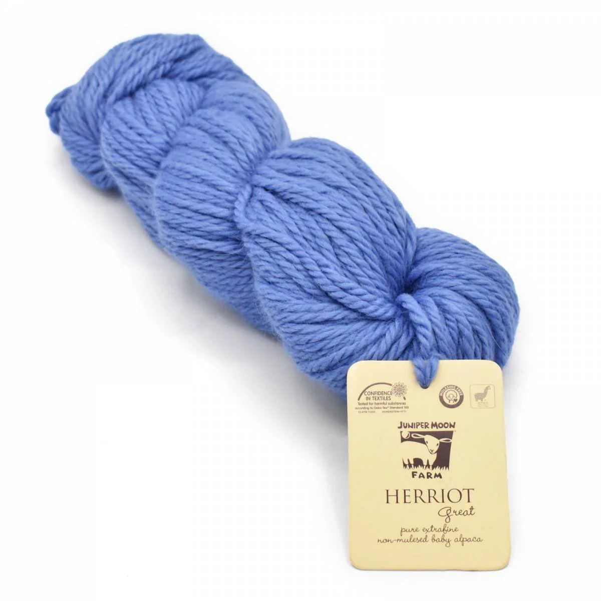 Juniper Moon Farm Herriot Great bulky baby alpaca yarn in blue with label