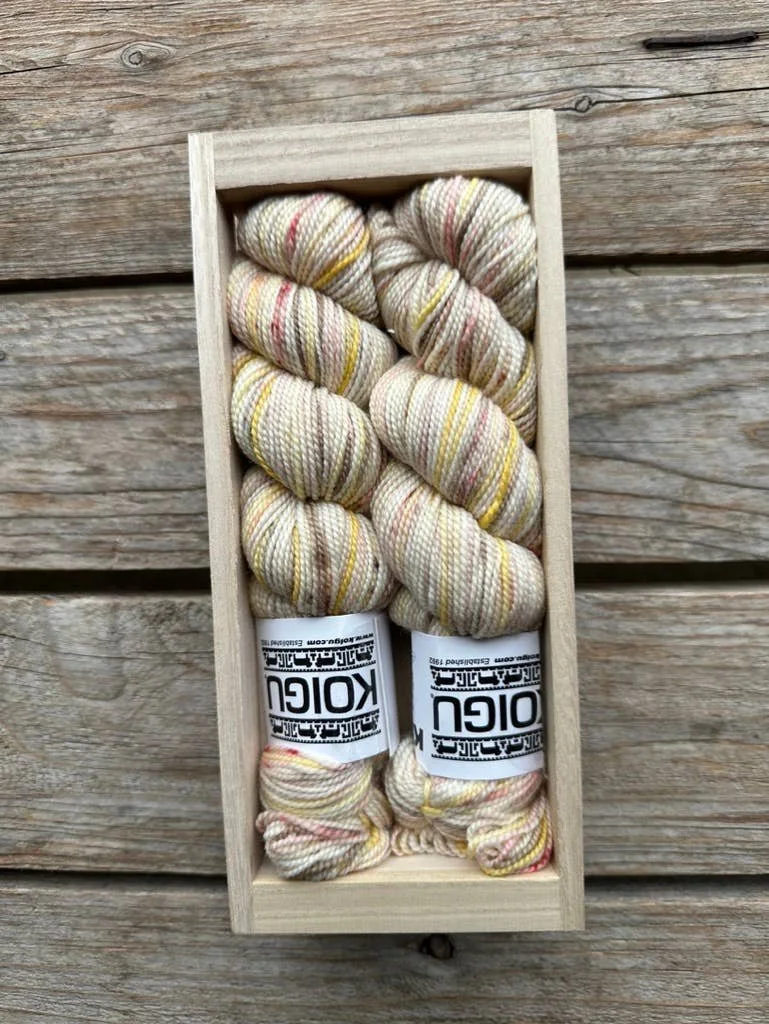 Koigu sock kit in soft neutral tones arranged as a gift set