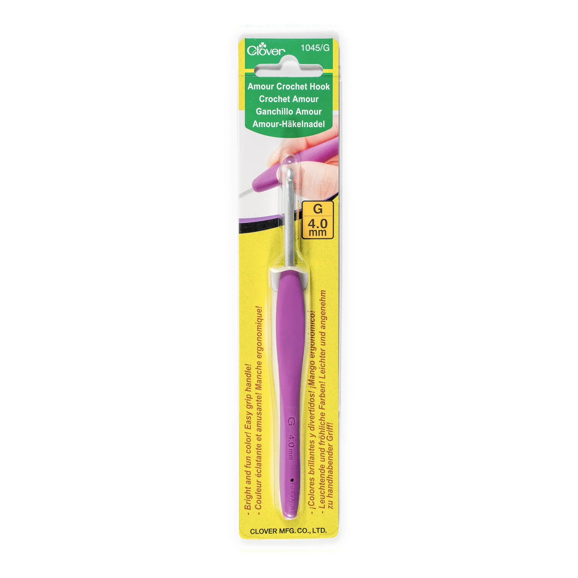 Clover Amour crochet hook with purple ergonomic handle, size 4.0 mm, for crochet projects at AriYARN