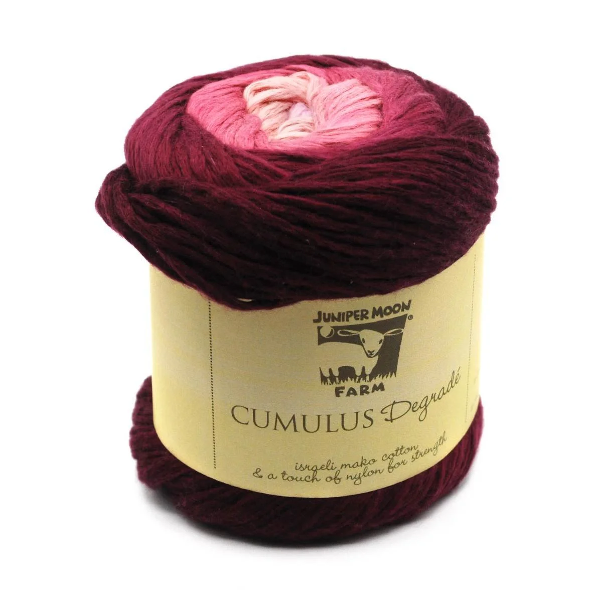 Juniper Moon Farm Cumulus Degradé yarn with burgundy to pink gradient color changes