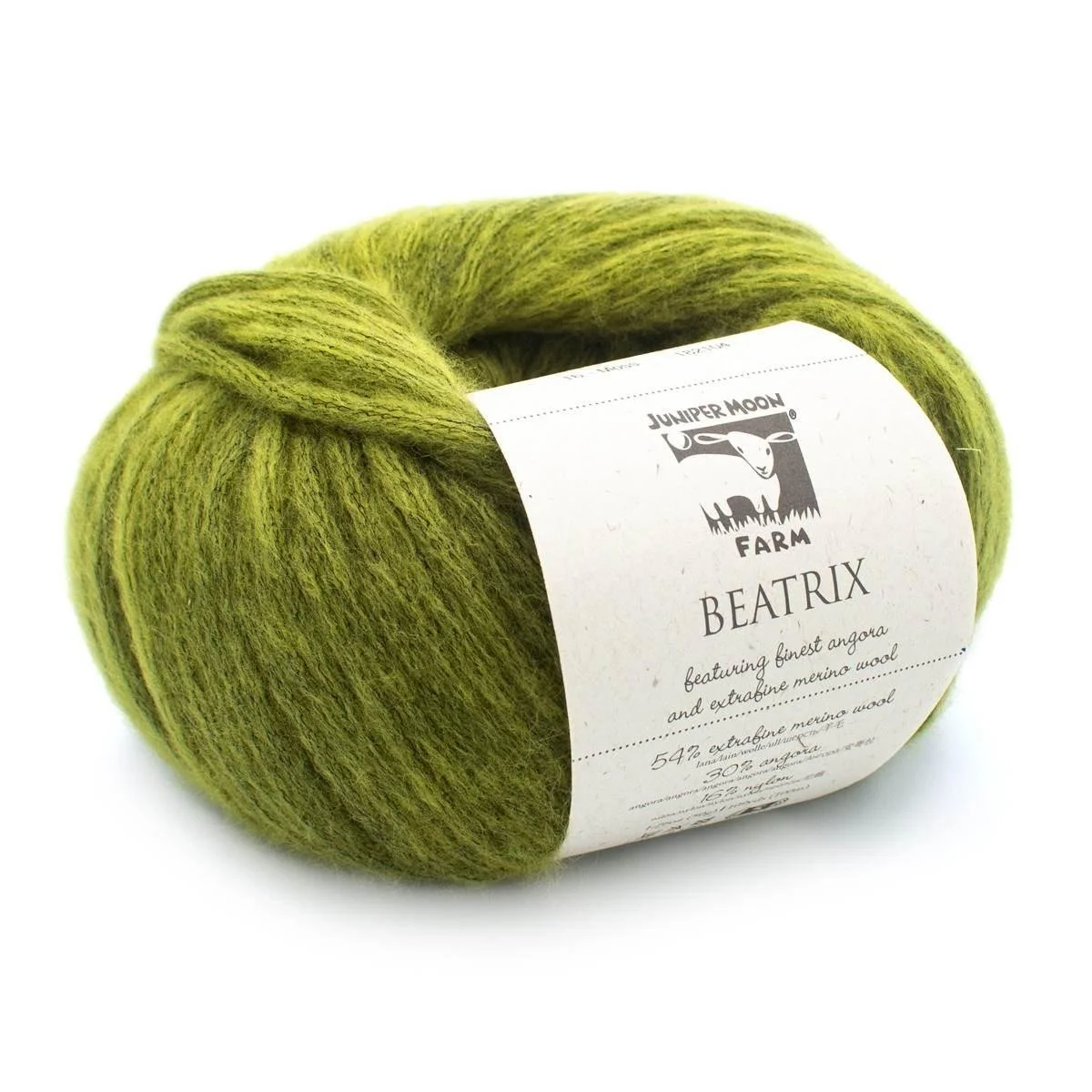Juniper Moon Farm Beatrix bulky yarn in green, airy angora and merino blend texture