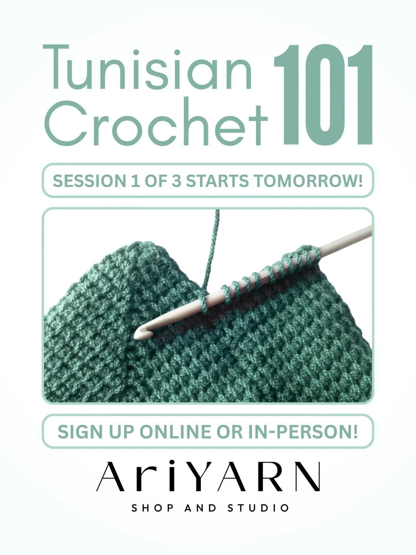 AriYARN Tunisian Crochet 101 flyer with dates for the next session.
