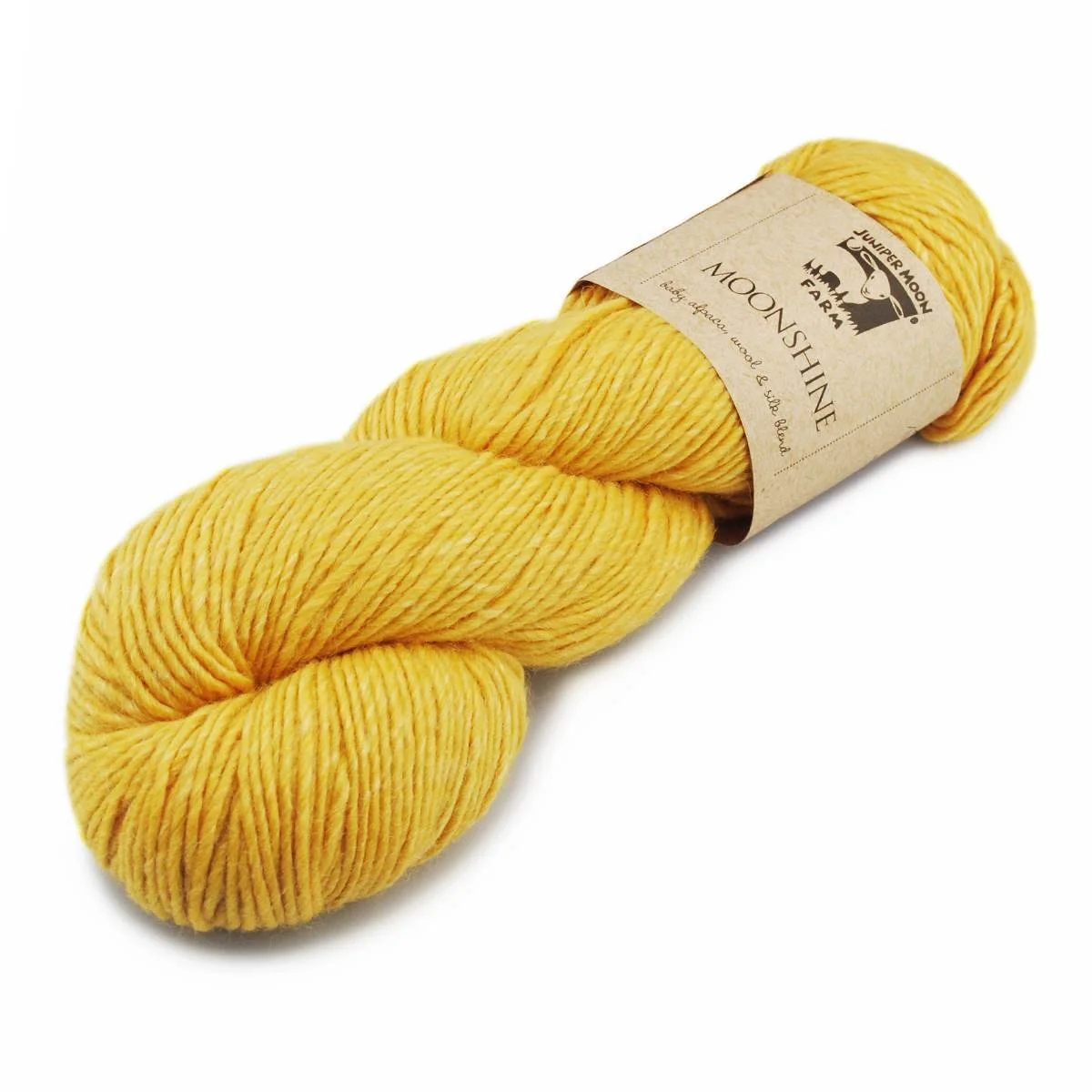Juniper Moon Farm Moonshine yarn in sunny yellow skein with label