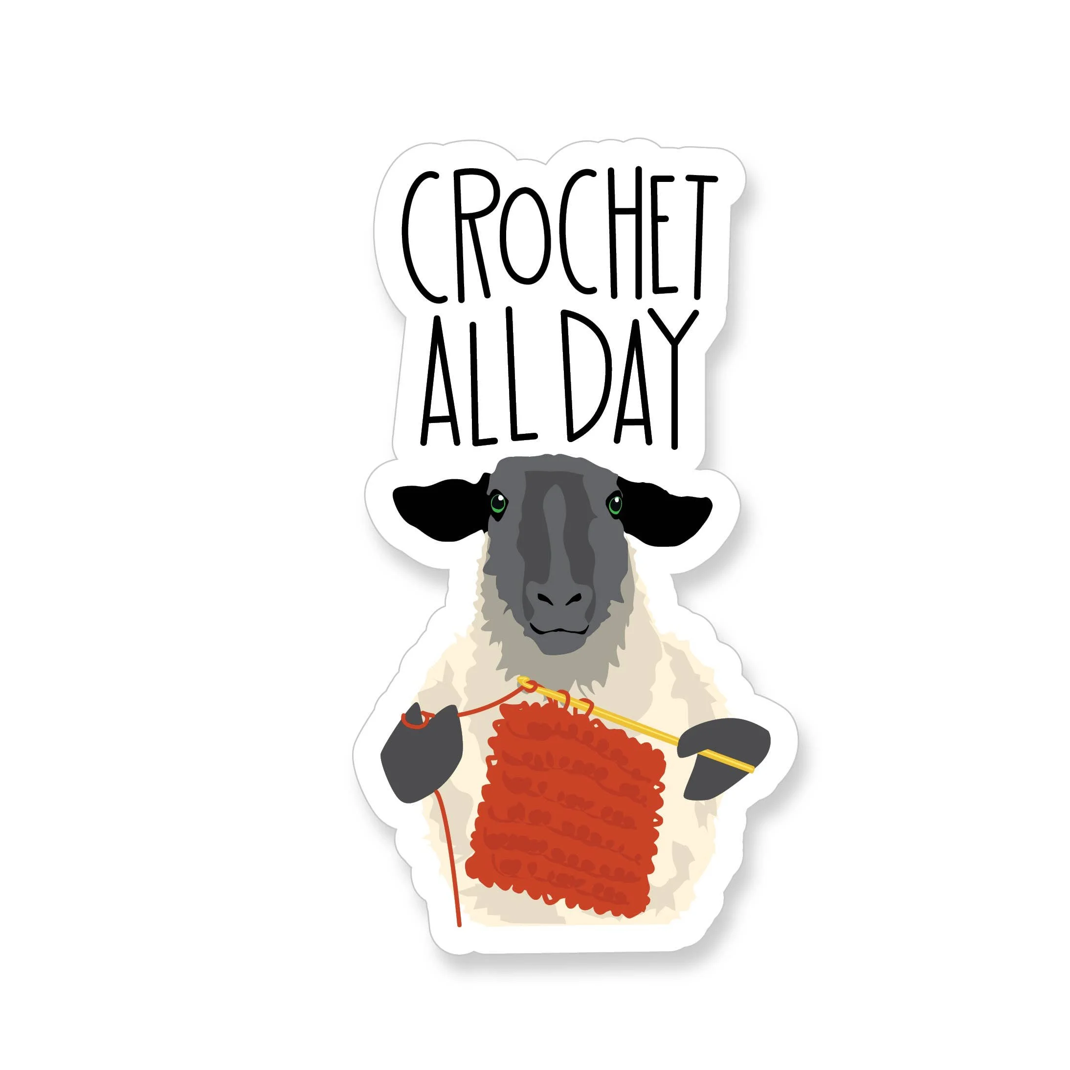 ‘Crochet All Day’ sheep sticker—playful studio detail.