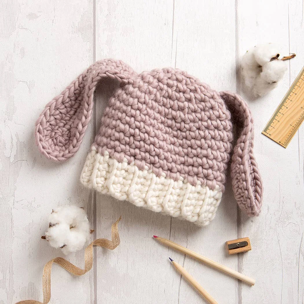 Finished handmade child wool bunny hat