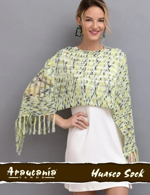 Fringed wrap and shawl pattern inspiration featuring Araucania Huasco yarn styling