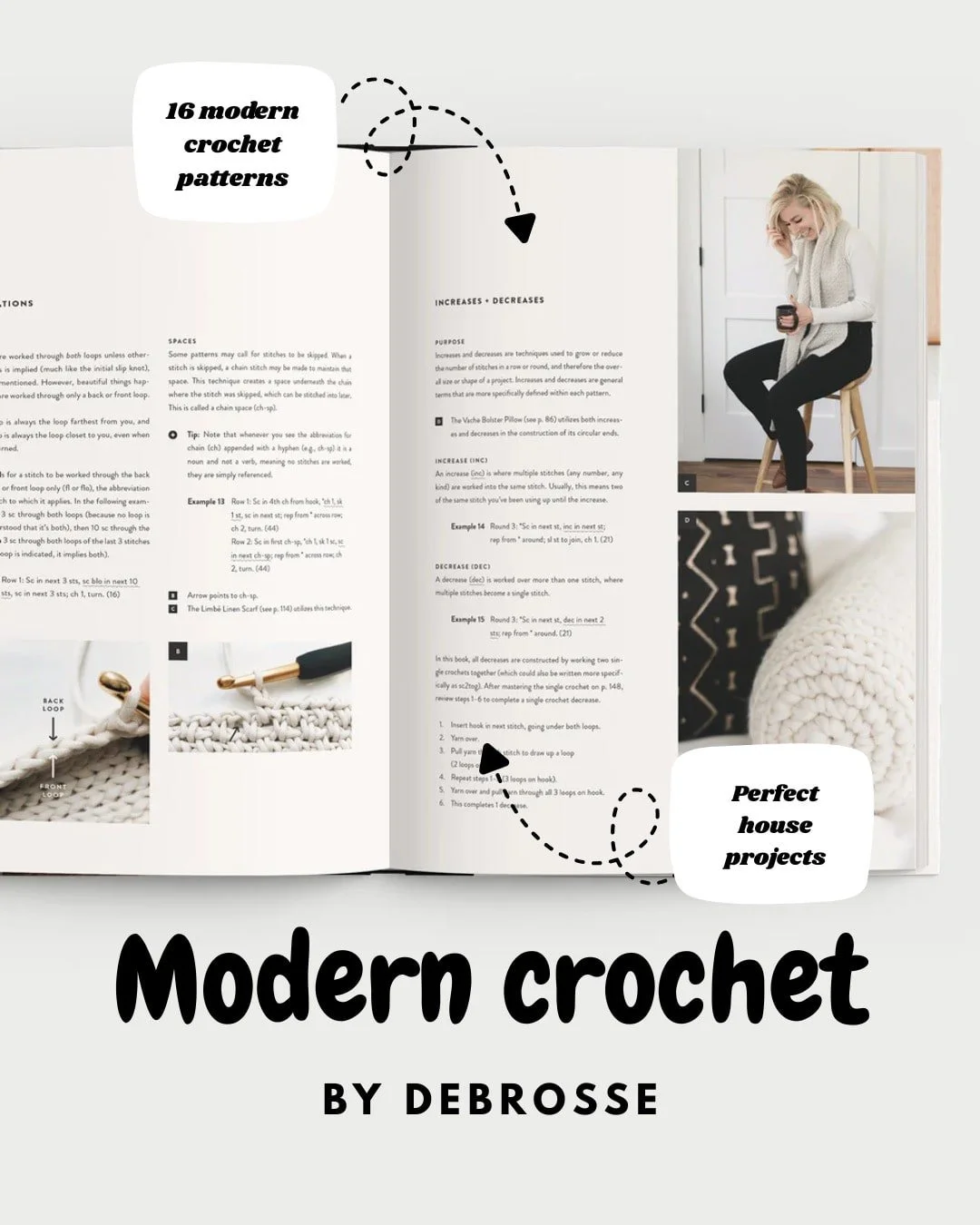 Modern crochet book open to pattern pages with yarn and hook nearby.