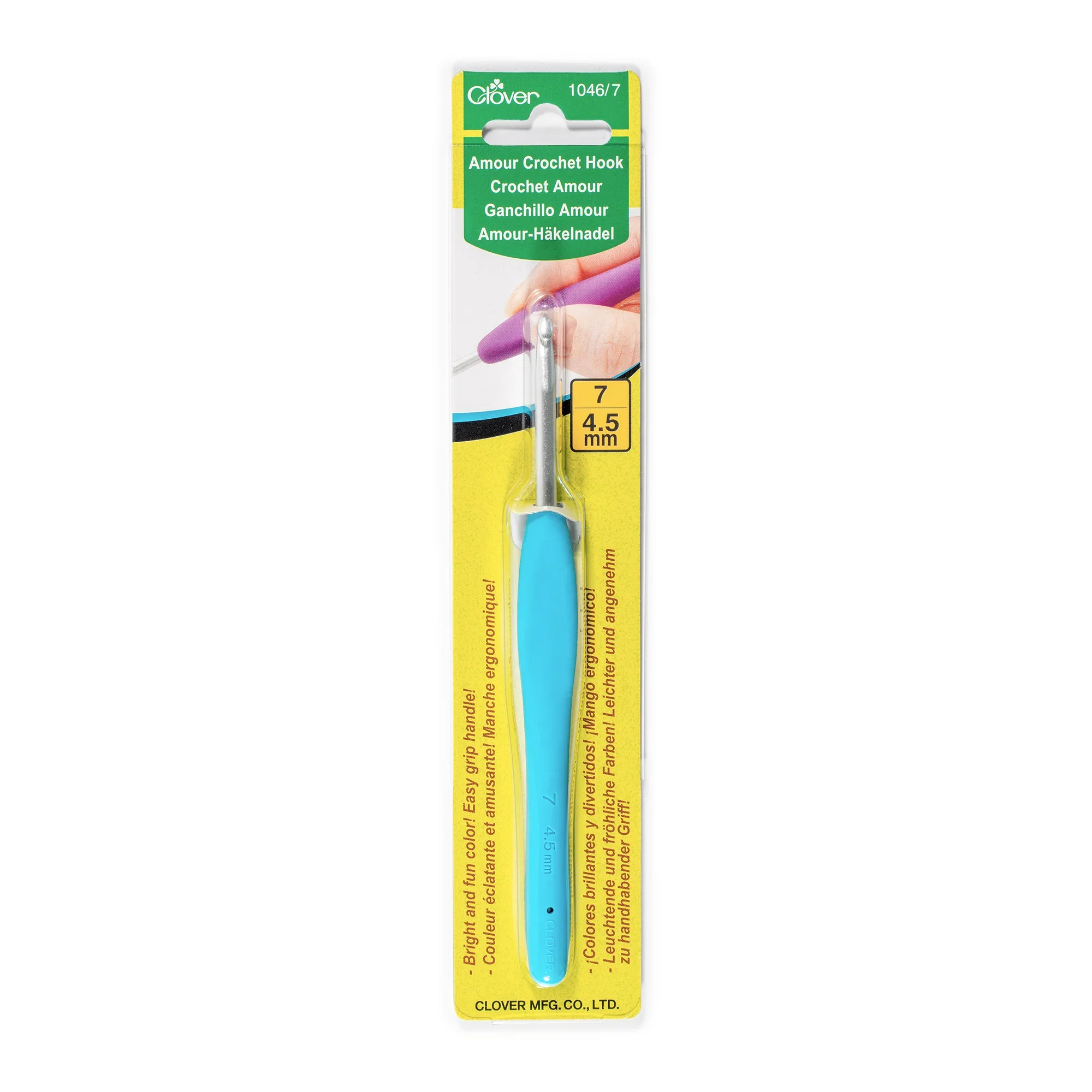 Clover Amour crochet hook with blue ergonomic handle, size 4.5 mm, sold at AriYARN in Park Ridge Illinois