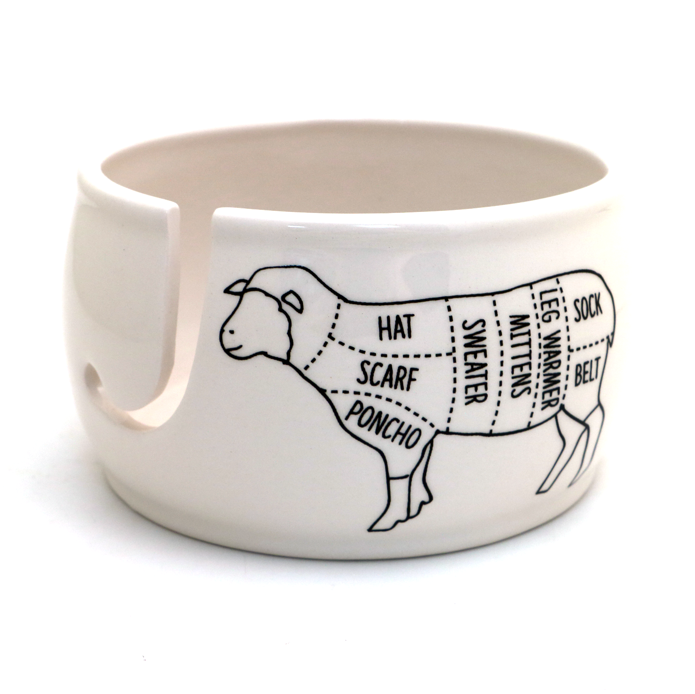 White ceramic sheep-shaped yarn bowl shown with brand labels