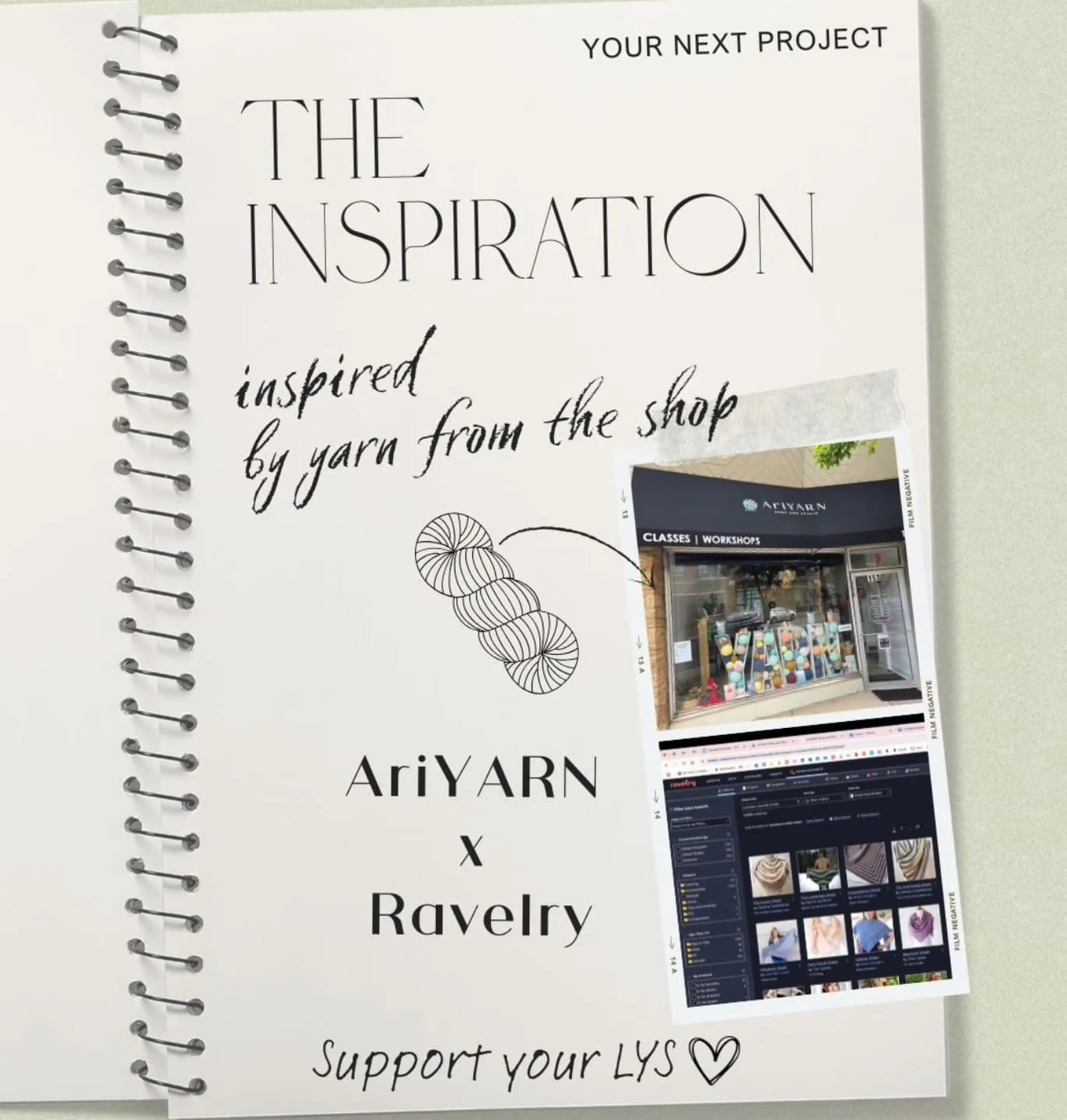 AriYARN storefront poster with Ravelry project inspiration