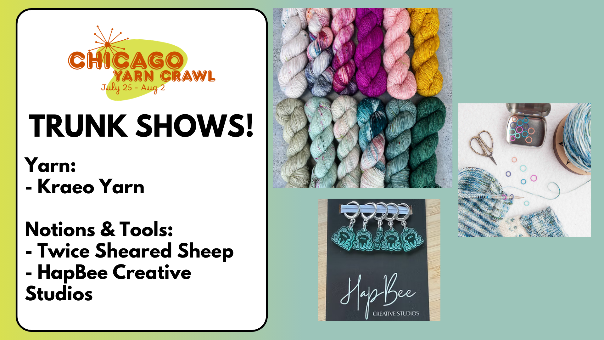 AriYARN Trunk Shows featuring Kraeo, Twice Sheared Sheep, and HapBee Creative Studios