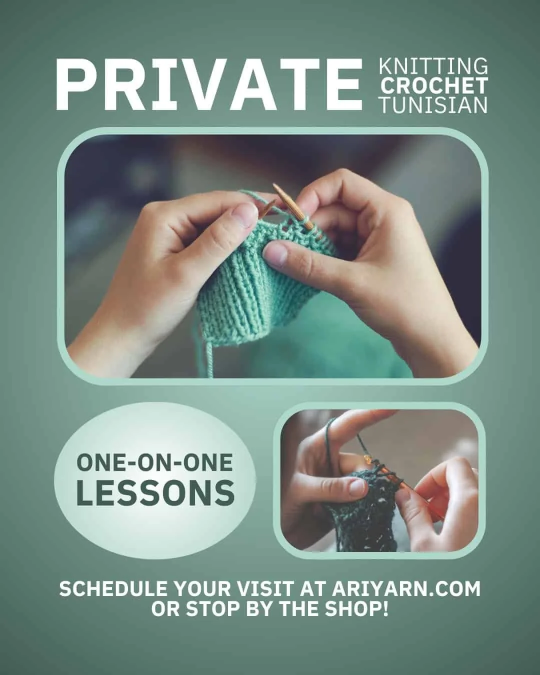 Private one-on-one knitting, crochet, and Tunisian lessons at AriYARN