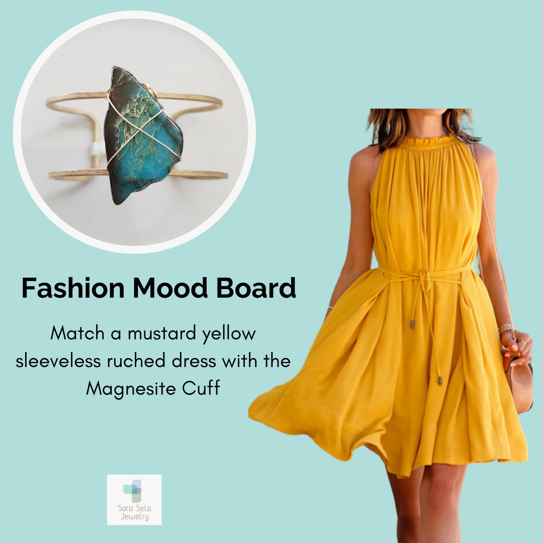 Styling board featuring a sea-blue magnesite cuff bracelet paired with warm-toned outfit inspiration.