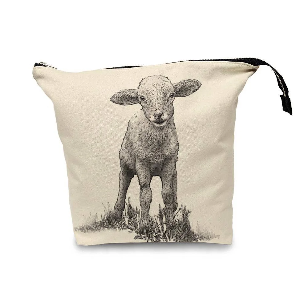 Baby lamb design on a cream canvas project bag for knitting or crochet
