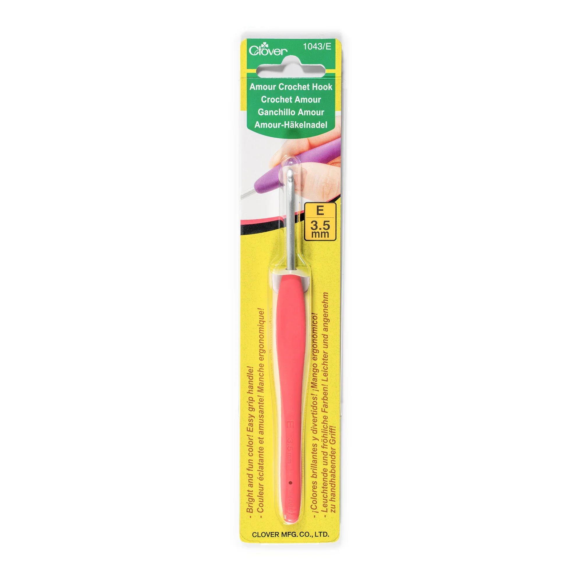 Clover Amour crochet hook with coral ergonomic handle, size 3.5 mm, in stock selection at AriYARN