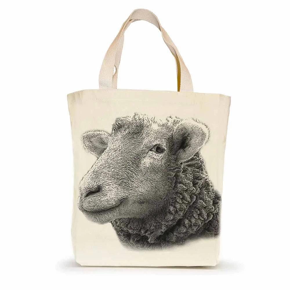 Small cream canvas project tote with sketched sheep illustration on the front