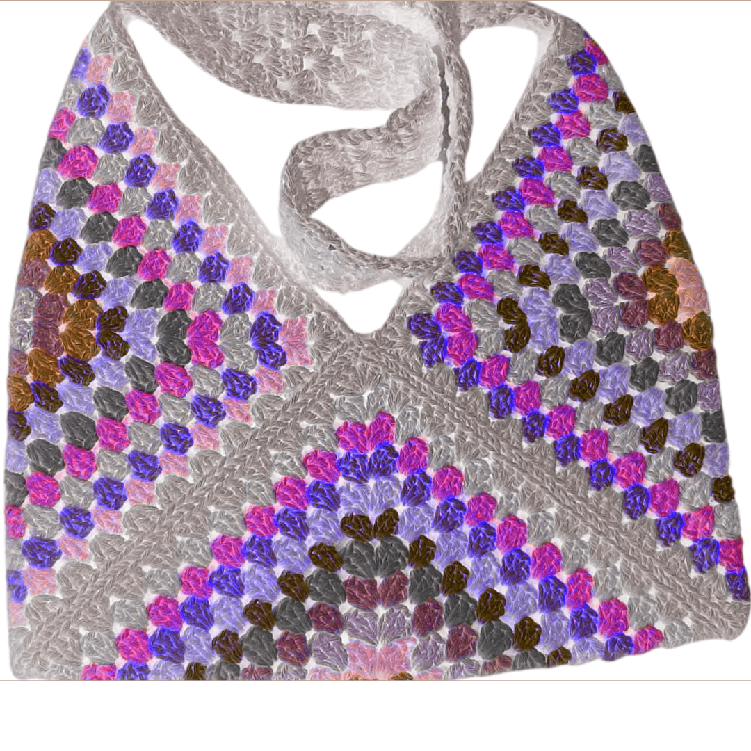 Granny square crochet bag in purple and pink, beginner-friendly AriYARN kit project