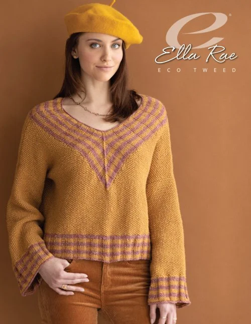 Mustard V-neck pullover project idea knit with Ella Rae Eco Tweed yarn