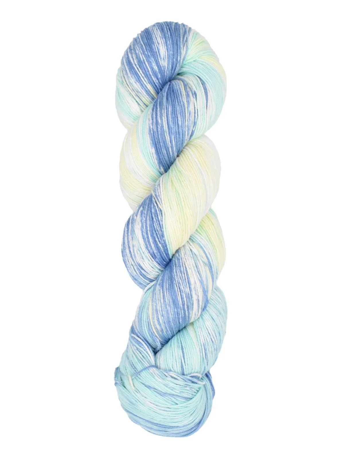 Araucania Huasco Coton yarn in blue, white, and pastel green variegated colorway