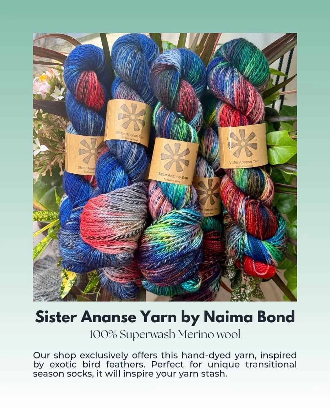 Exclusive Sister Ananse Yarn by Naima Bond in vibrant hand-dyed colors