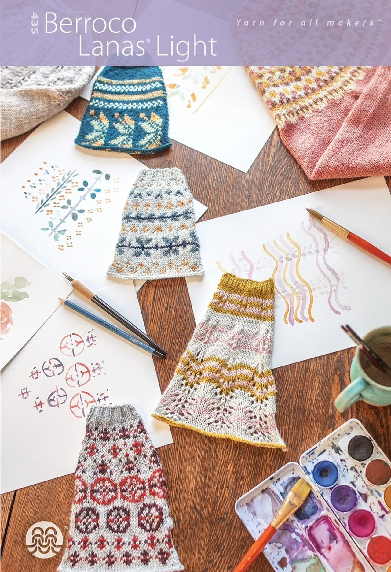 Pattern booklet cover with colorful knitted swatches and painting tools for creative inspo