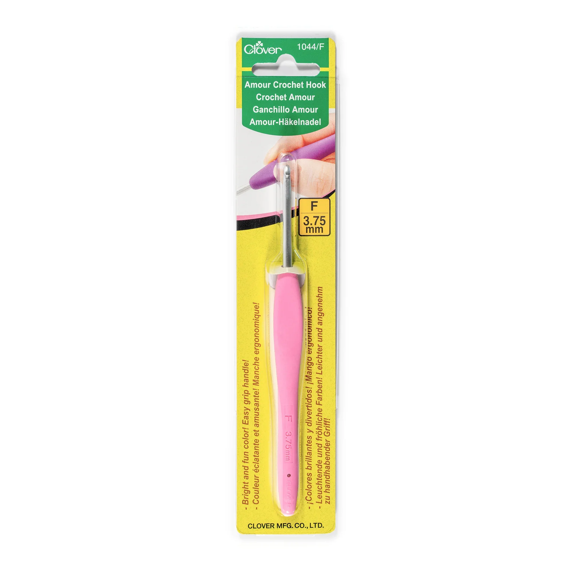 Clover Amour crochet hook with pink ergonomic handle, size 3.75 mm, available at AriYARN Shop & Studio