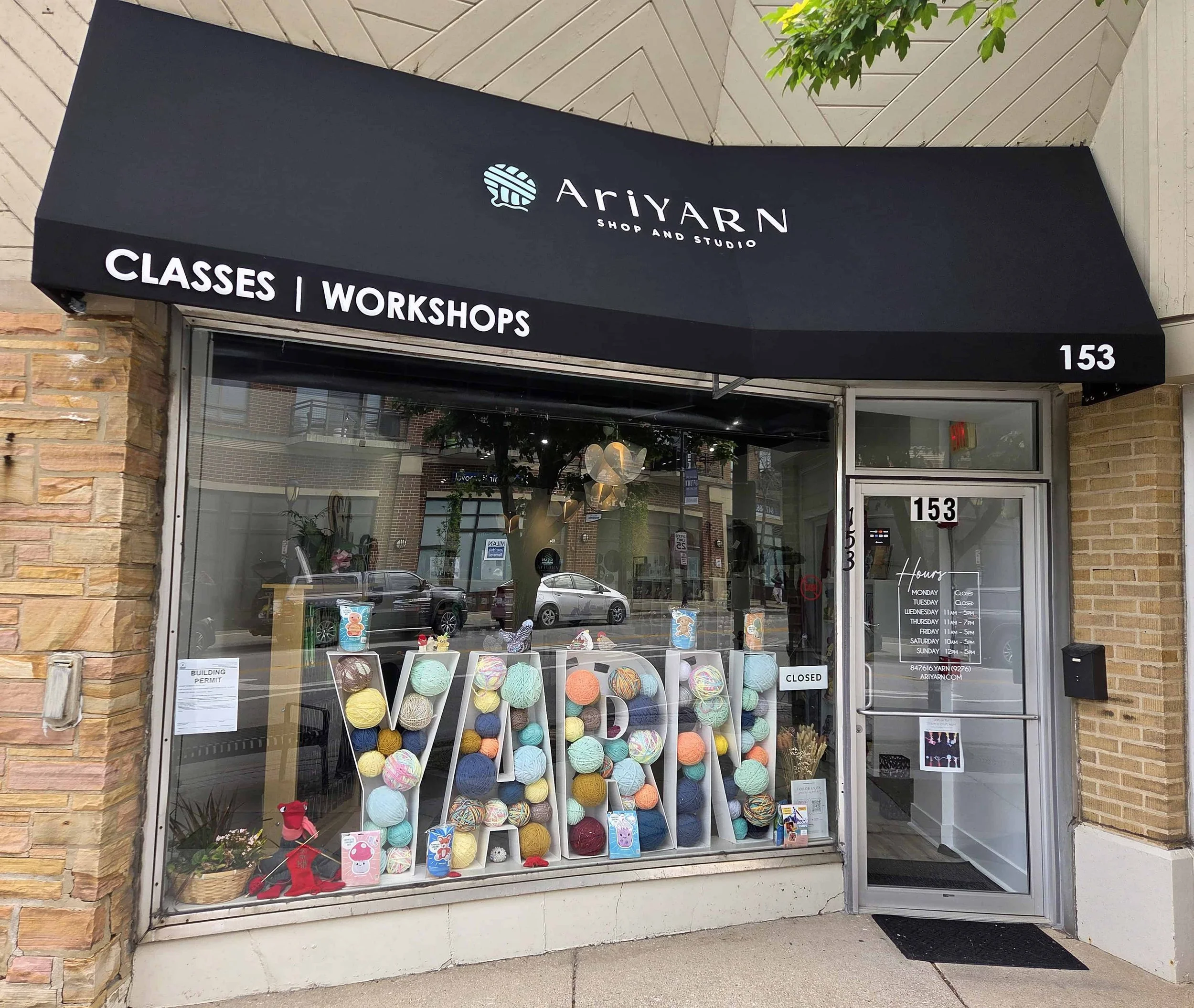 Exterior of AriYARN Shop and Studio with awning, Park Ridge Illinois
