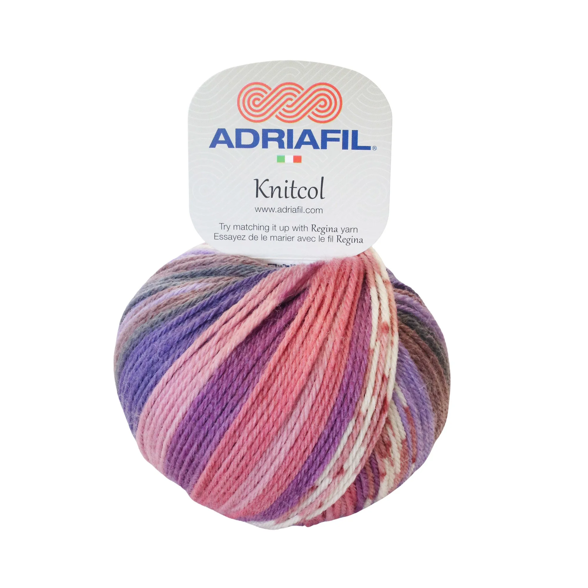 Adriafil Knitcol self-striping yarn ball in pink and purple for socks and accessories